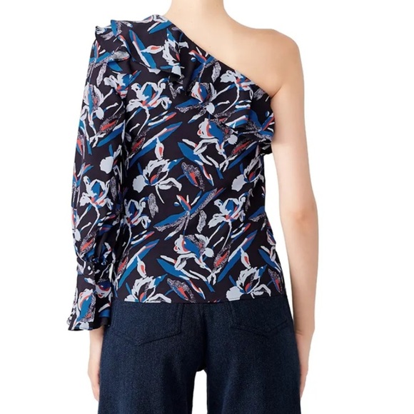 Tanya Taylor Orla Blue Black Red Flora One Shoulder Silk Ruffle Top Size 12 - Picture 3 of 12